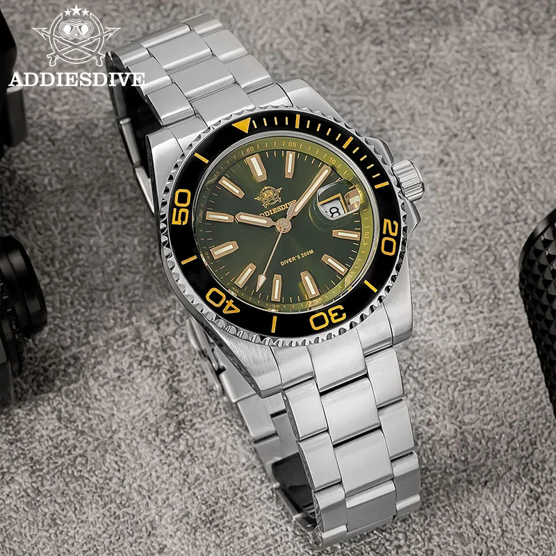 ADDIESDIVE 2025 New Quartz Watch For Men 200M Waterproof Super Luminous Luxury Stainless Steel Watches Green/Black Reloj Hombre