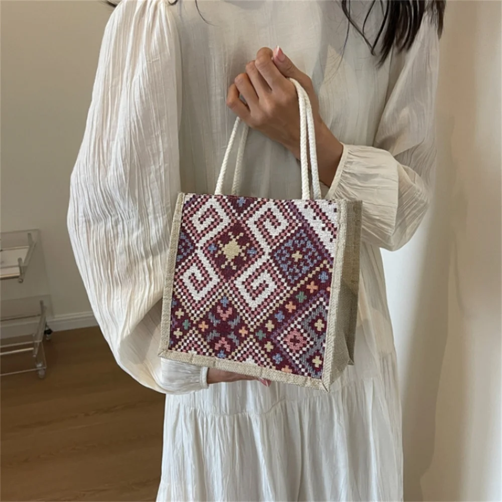 Flower Pattern Linen Handbag For Women Fashion Designer Bag Convenient Large-Capacity Shopper Tote Travel Grocery Storage Bag