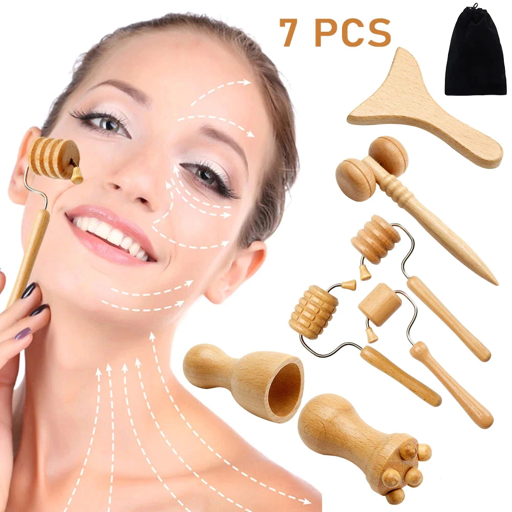 

14/7pcs Face Massager Wood Therapy Facial Lifting Maderoterapia GuaSha Wrinkle Remover Skin Scraper Anti Cellulite Neck Lift