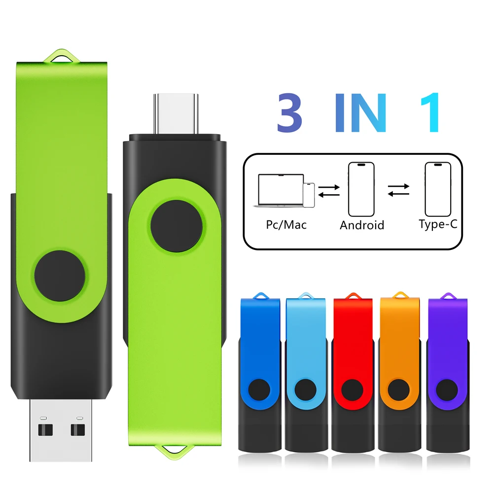 1개 무료 로고 증정 녹색 회전형 펜 드라이브 TYPE-C 2 in 1 USB 플래시 드라이브 8GB 128GB 녹색 휴대폰 고속 메모리 스틱 4GB