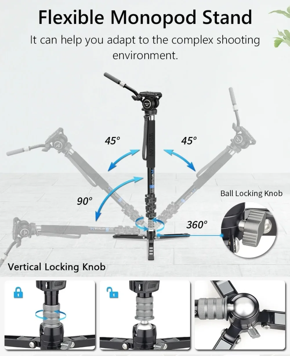 KA7 Professional Video Monopod Kit Unipod and Fluid Head Travel Tripod Stand Tel