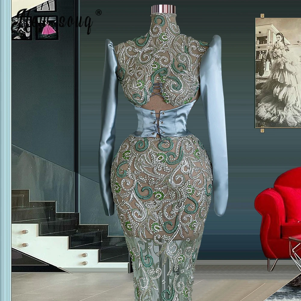 

Muslim Beaded Seuqins Evening Dresses Elegant Corset Wedding Guest Dress African Women Long Sleeve Luxury Formal Prom Party Gown