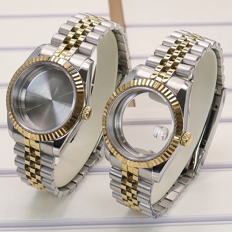 Elegant Gold and Silver Fluted Watch Case with Sapphire Glass