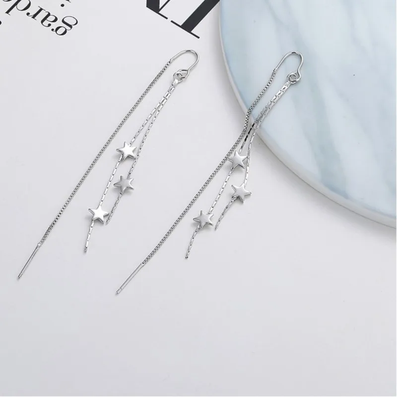 Silver Color Elegant Star Tassel Line Earring for Women Tiny Long Wire Tassel Drop Hanging Earings Party Jewelry Accessories