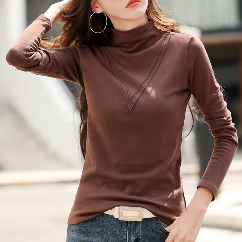 

Casual Turtleneck Velvet T Shirt Women Cotton Long Sleeve Top Korean Style Woman Clothes Tshirts Autumn Winter Tee Shirt Femme