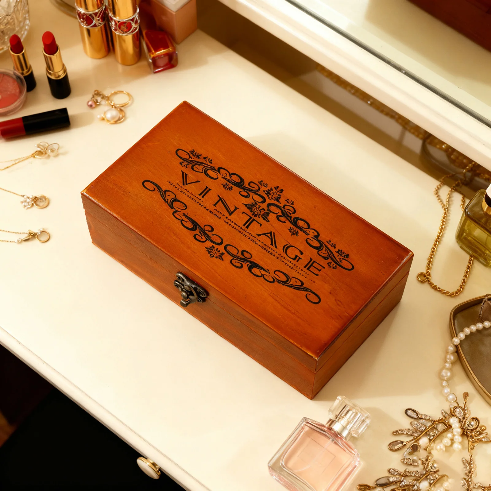 Retro-Aufbewahrungsbox aus Holz mit abschließbarem Holz, dekorativer Koffer für Zuhause oder Büro, Holzkiste mit Klappdeckel, Andenkenhalter mit Schloss – Detail 21
