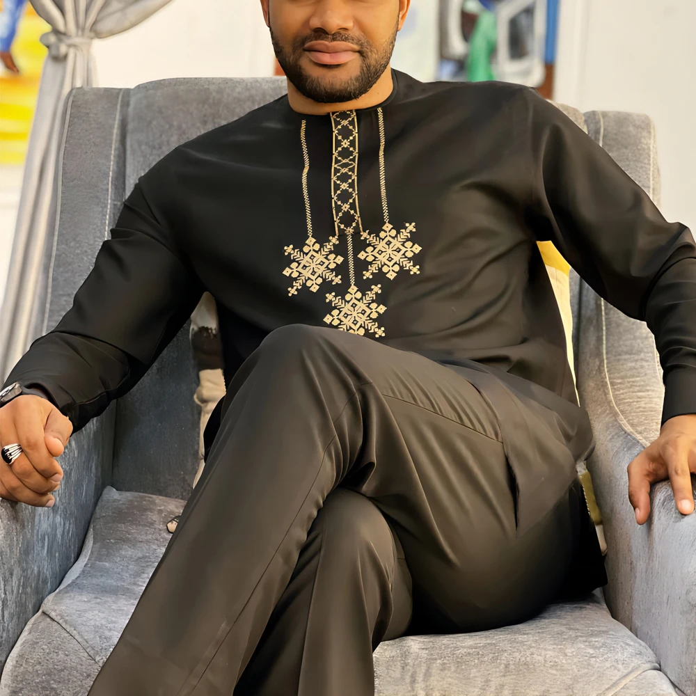 New Popular Men's Elegant Suit Pants Set Solid Color Round Neck Embroidered Long Sleeves Party Social Ethnic Style (M-4XL)