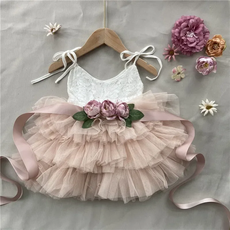 Beautiful flower girls wedding dress children party tutu gown for kids children flowers sashes princess sling summer dress