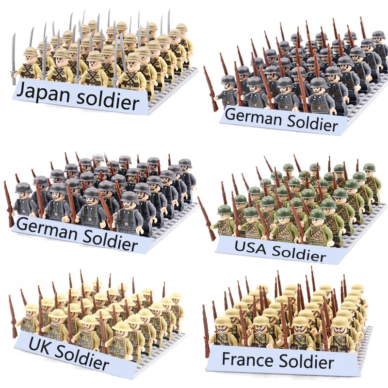 

WW2 24pcs Military Army Soldier Soviet US UK German France Building Blocks Set Model Bricks Action Figures Weapon Toys Kids Gift