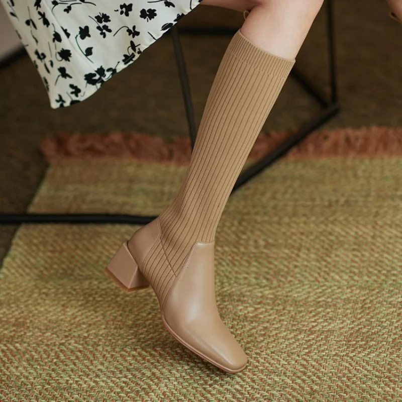Women Winter Knee High Knitting Warm High Boot Heels Weave Casual Designer Chunky Motorcycle Sock Boots