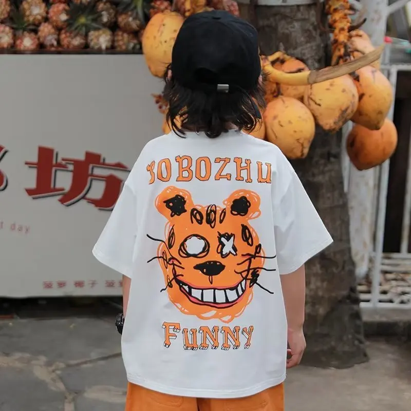 

Summer All-match New T-shirt Round Neck Japanese Children's Clothing Loose Five-quarter Sleeves Trendy Printing Ins Simple