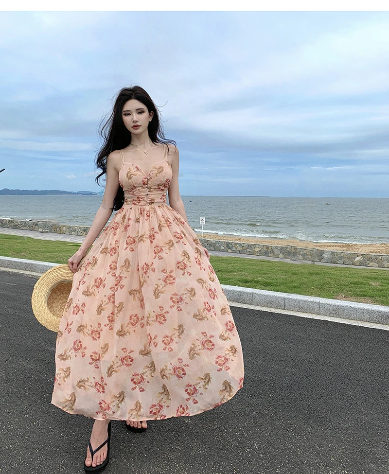 Summer New Spaghetti Strap Floral Long Dresses for Women Backless A-line Beach Style Korean Fashion Party Dress Casual Vestidos