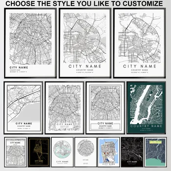 사용자 정의 전세계 모든 도시지도 북유럽 포스터 및 인쇄 벽 아트 캔버스 회화 모든 도시 도시 벽 장식 거실 장식