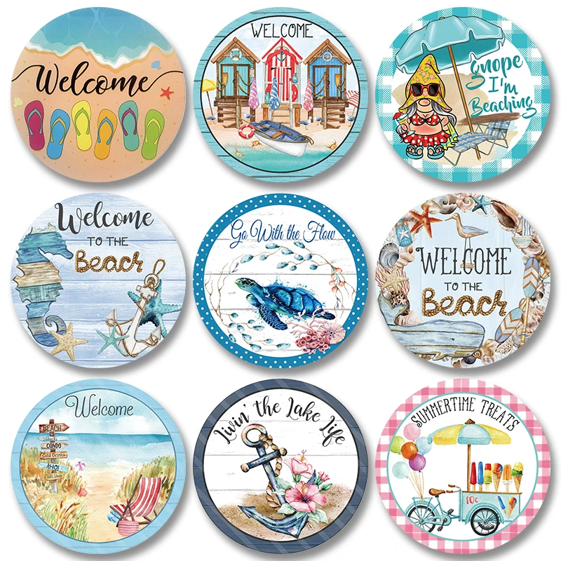 

Welcome to Beach Round Poster Metal Plaque Summer Time Seastar Turtle Metal Tin Signs Wall Decor for Club Seaside House Motel