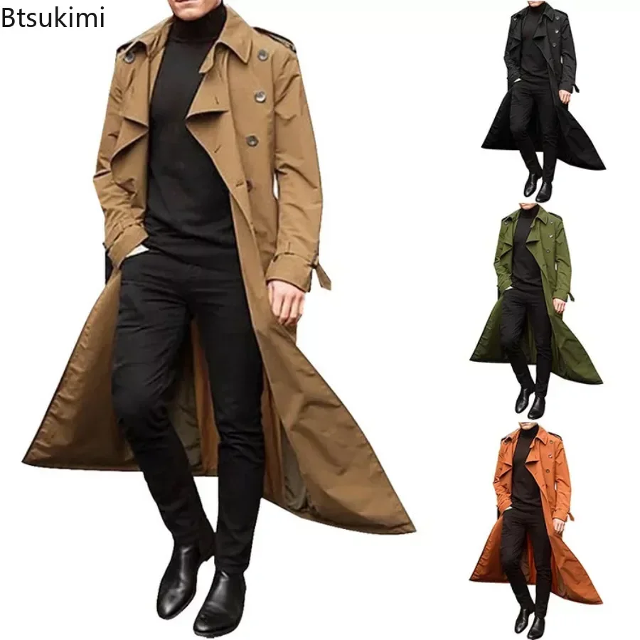 New 2024 Men's Overcoat Vintage Long Trench Jacket Coats Men's Business Party Casual Long Solid Windbreak Outwear Men's Clothing