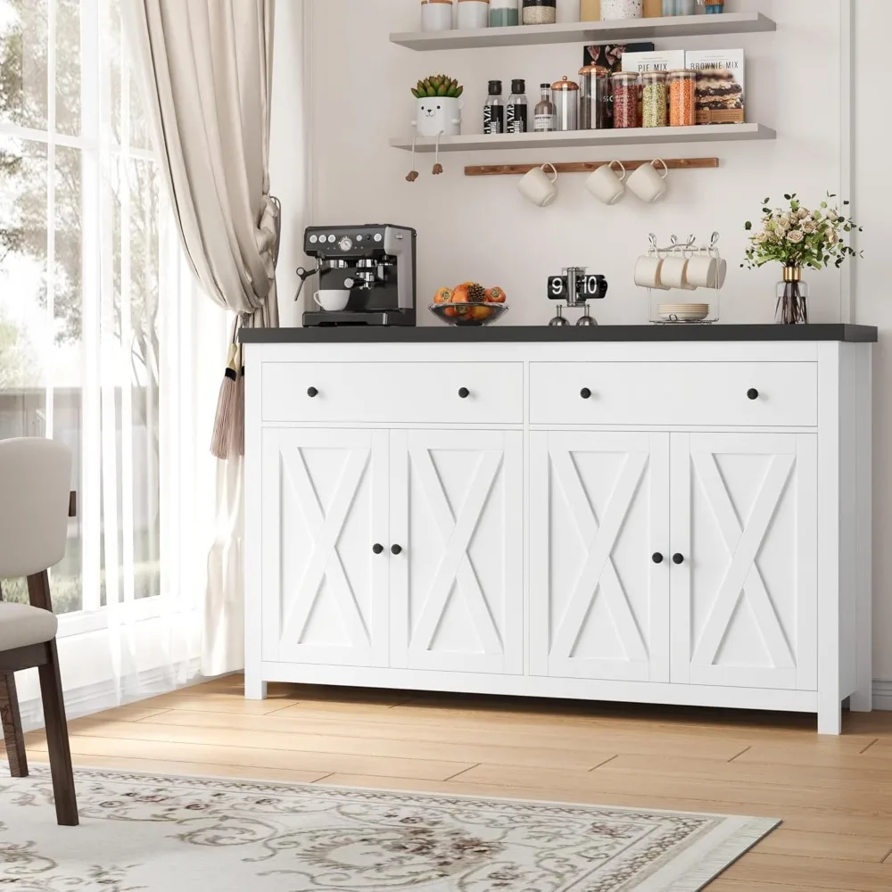 Sideboard with locker, 55 inch large kitchen storage cabinet with 2 drawers, 4 doors, wooden coffee bar cabinet buffet table