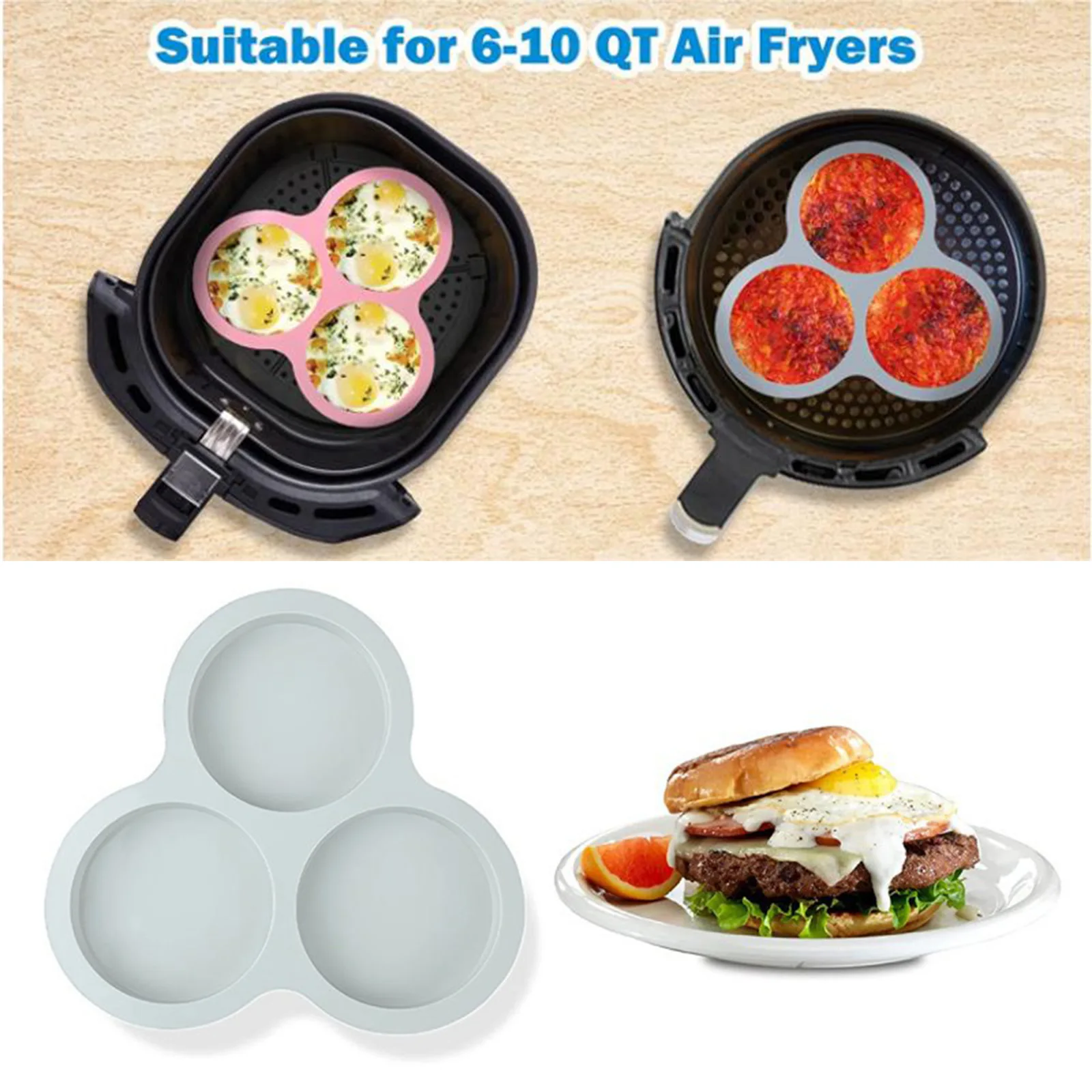 1/2pcs Silicone Air Fryer Egg Pan Mold 3 Cavity Non-Stick Silicone Air Fryer Egg Pan Kitchen Baking Cooking Accessories