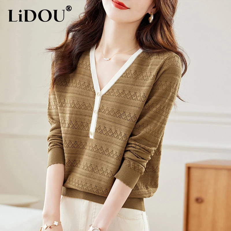 

2023 Spring Autumn Solid Color Fashion Long Sleeve Sweater Women High Street Casual V-neck Hollow Out Jacquard Weave Pullovers