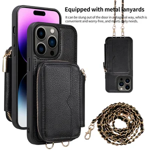 Zipper Crossbody Wallet Phone Case For iPhone 15 14 Pro 13 Pro Max Plus Metal Chain Lanyard Card Slot Holder Leather Back Cover