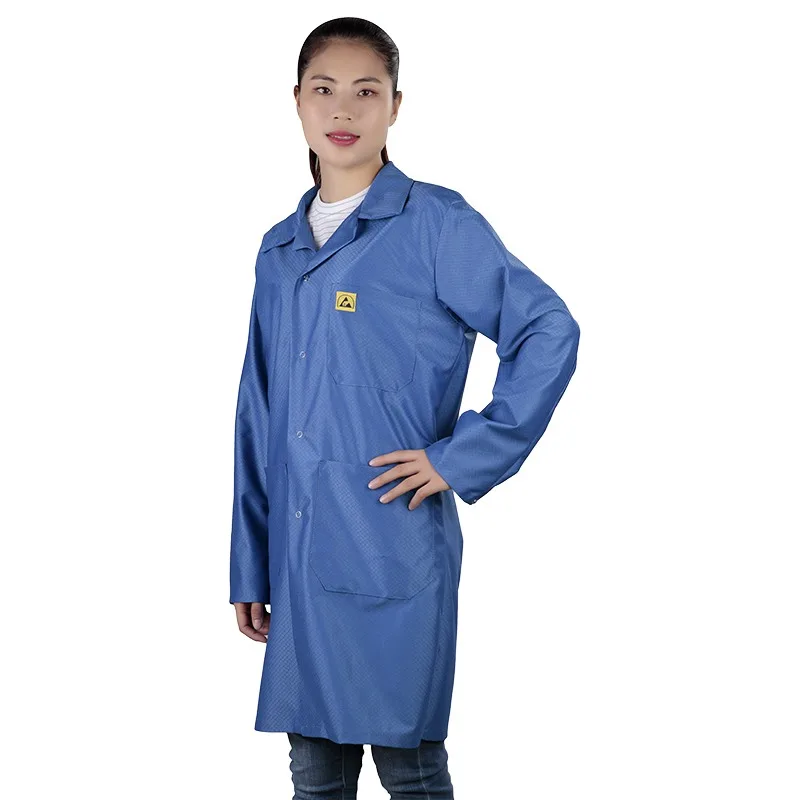 ESD Lab Coat with Lapel Collar, 3 Pockets & Snap Cuffs, Knee Length Anti-Static Jacket