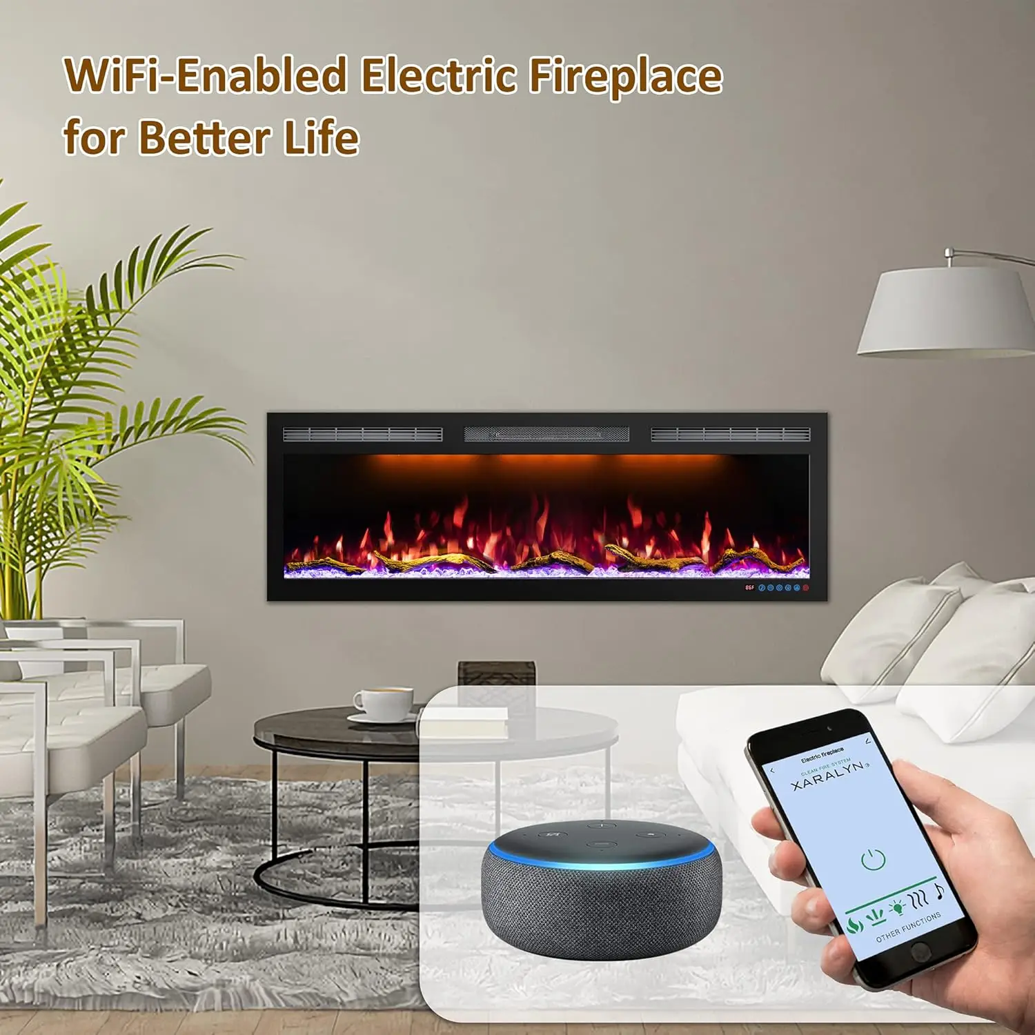 Wifi Enabled Electric Fireplace Embedded Wall Mounted 60 "electric Fireplace Heater Adjustable Flame Color Remote Touch Screen 4