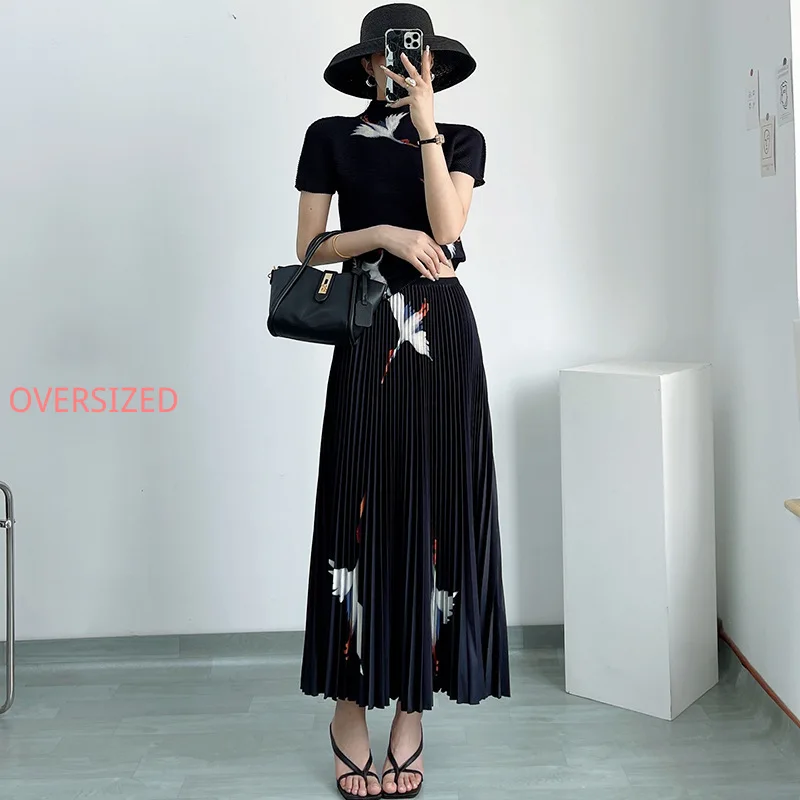 

MIYAKE PLEATS-Женский плиссированный костюм из двух частей, черная футболка-водолазка, длинная Плиссированная юбка, высококачественная ткань, осенняя мода