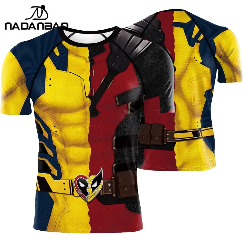 Deadpool Wolverine Print Compression Shirts Men Swim Rash Guards Short Sleeve Workout Surfing Workout Fitness Top