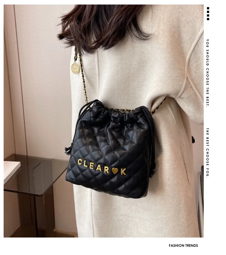 Fashion Women New Designer Luxury Rhombus Chain Shoulder Underarm Bag Advanced Texture Slung Bucket Bag