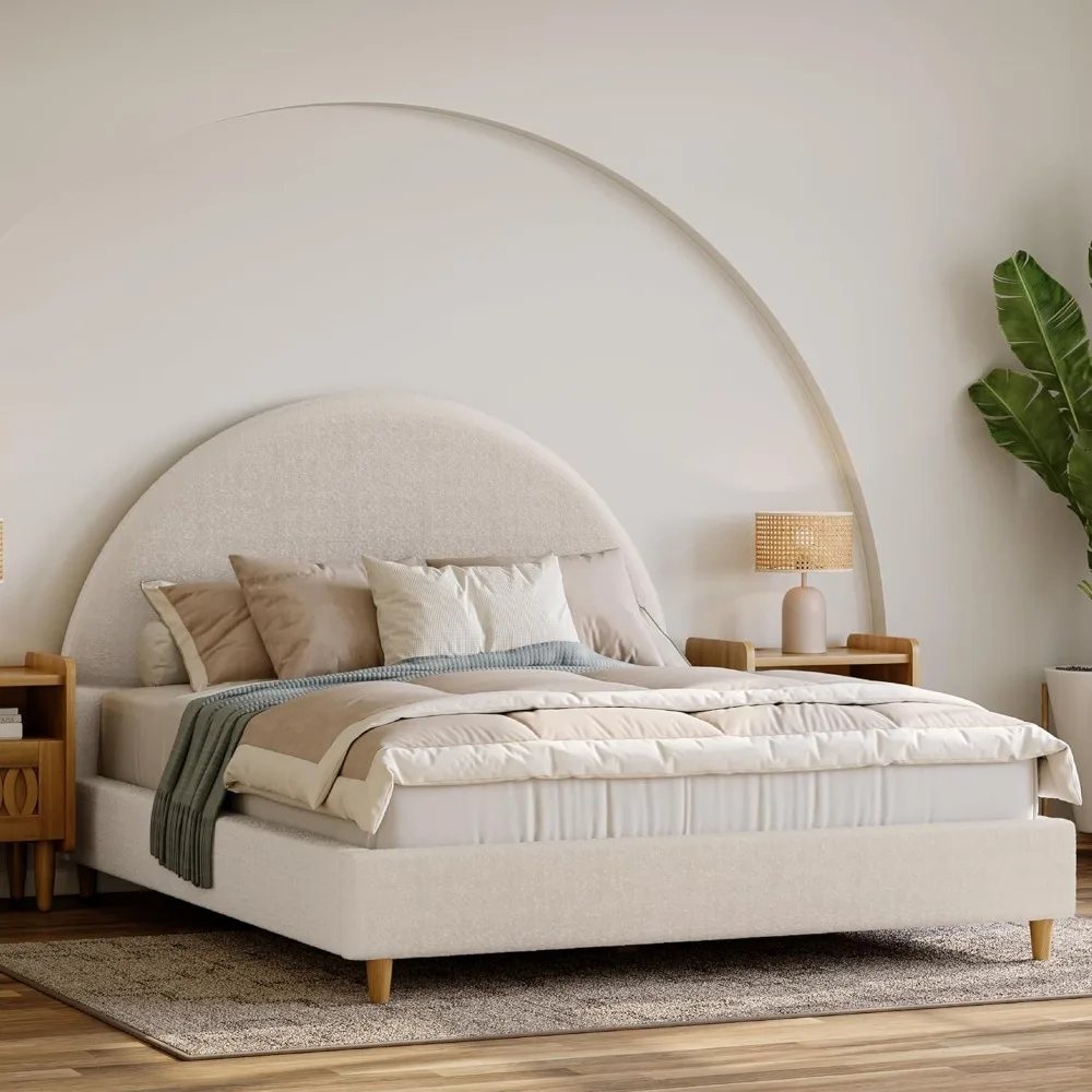 Cloud Bed Frame with Arch Shaped Headboard, Upholstered in Soft Fabric, Platform Beds Frames with Solid Wood Legs, Bed Frame 3