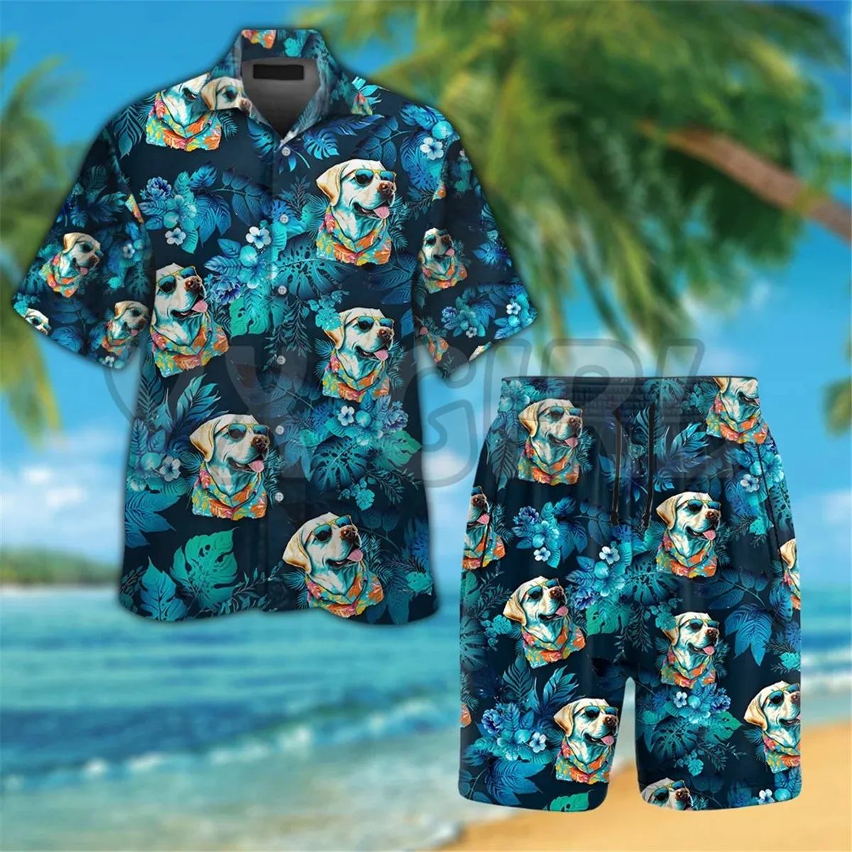 White Labrador Retriever Dog Wearing Sunglass Funny Hawaiian Shirt 3D Printed Hawaiian Shirt+Beach Shorts Summer Tops