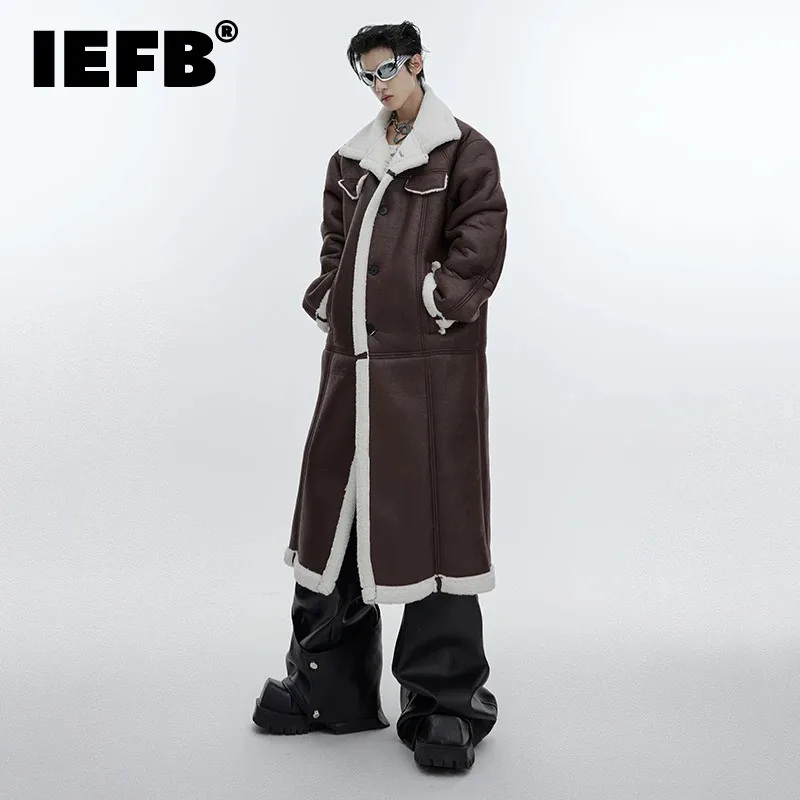

IEFB Winter Men's Fur Integrated Coat Jacket With Thickened Lamb Velvet Design Fashion Knee Length Leather Wool Trench 9C3227