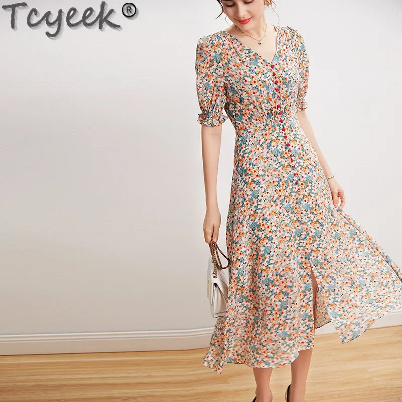 

Платье Tcyeek из 100% натурального шелка тутового шелкопряда, элегантные и красивые женские платья 2024, летняя одежда для женщин, платье с разрезом и цветочным рисунком во французском стиле