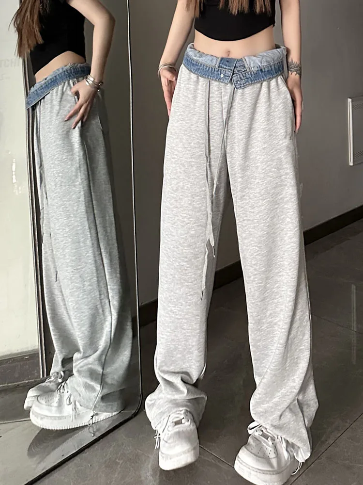 

SONNEESD Harajuku Safari Style Straight Tooling Pants Elastic Waist Cowboy Spliced Design Trouser Loose Leisure Wide Leg Pants