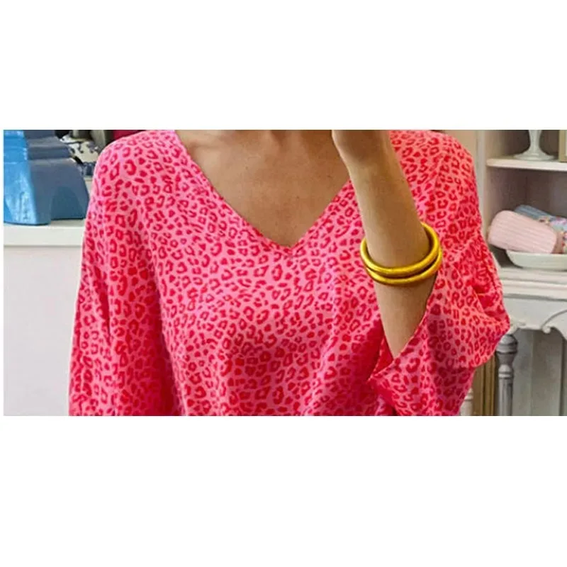 Women's Leopard Printed Half Sleeve Shirt Casual Red Tops Loose Clothes V Neck Summer Fashion New 8619