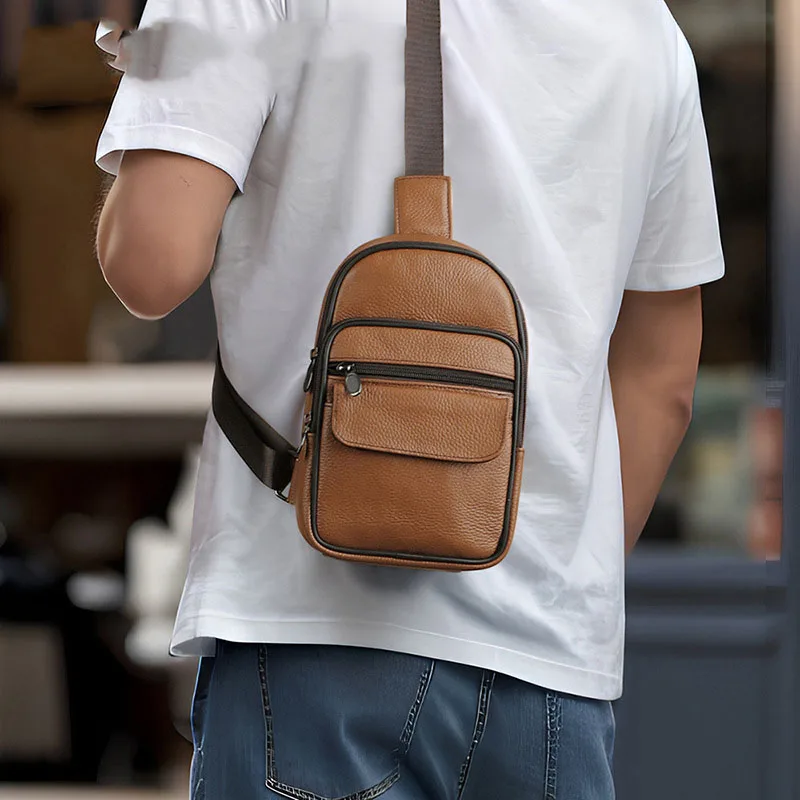 Genuine Leather Men's Sling Backpack Chest Bag Messenger Bag Shoulder Bag Casual Trendy Men Designer Retro Male Crossbody Bag