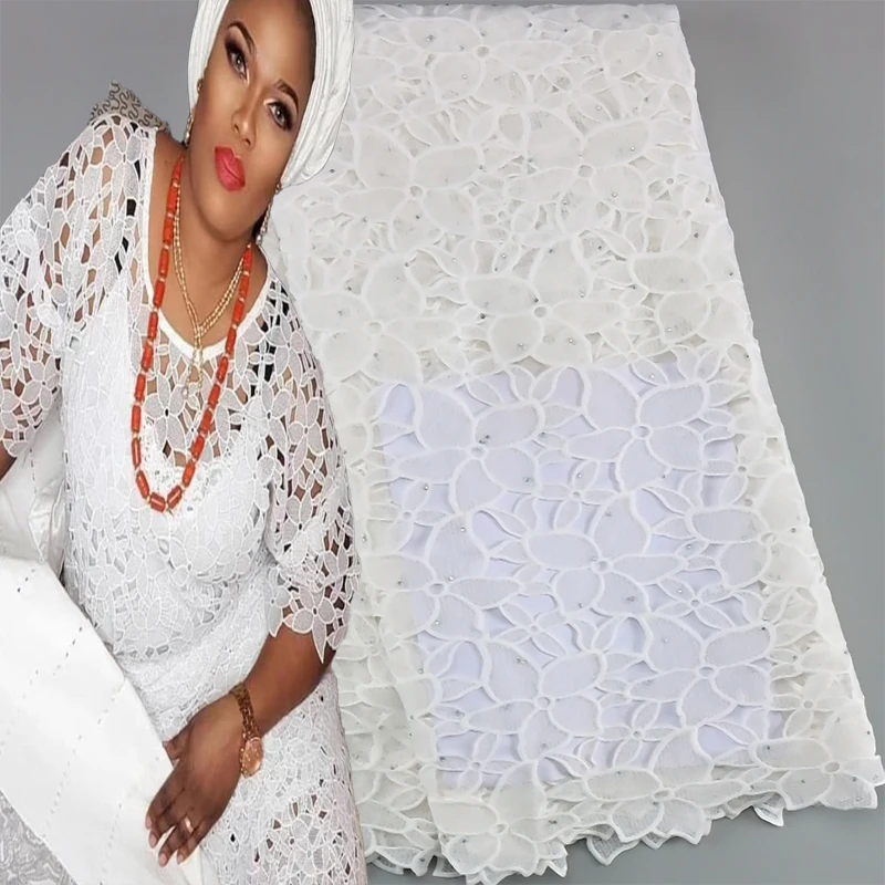 

Latest Pure White African Guipure Cord 5 Yards Fabric 2022 High Quality Nigerian Water Soluble Mesh Lace French For Party Dress