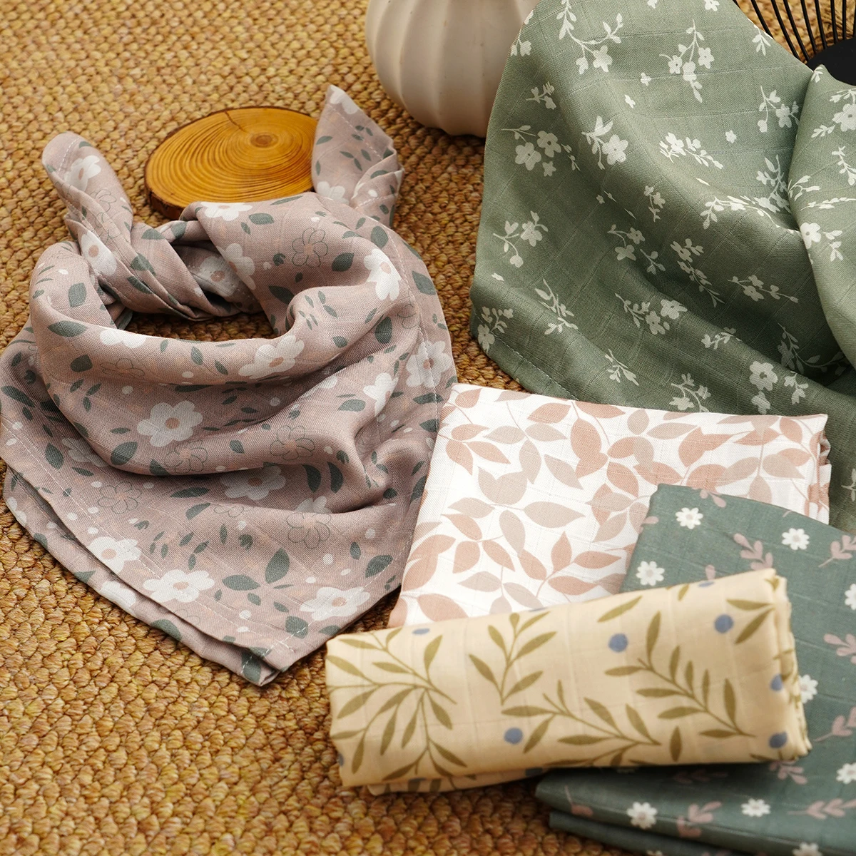Ultra-Soft Bamboo Cotton Muslin Baby Burp Cloth Set - 5-Piece Multi-Use Towel Collection, 60x60cm