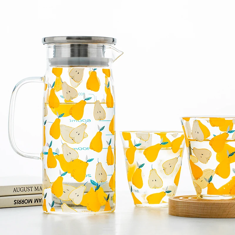 JINYOUJIA-Borosilicate Glass Teapot Set, Fruit Pattern, Heat-Resistant Tea Pot, Water Cups, Office Home Juice Cold Kettle, 1.6L