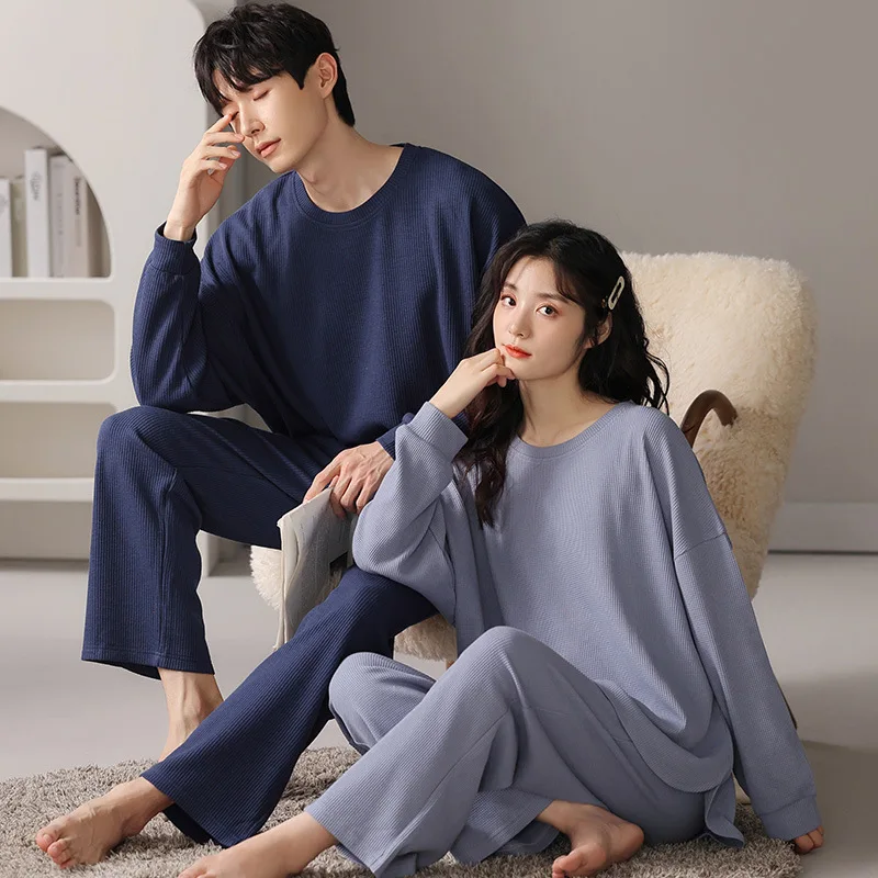 

Matching Pajamas for Couple 2024 New Fashion Home Clothes Women Long Sleeves Sleepwear Men's Cotton Waffle Pijamas Homme