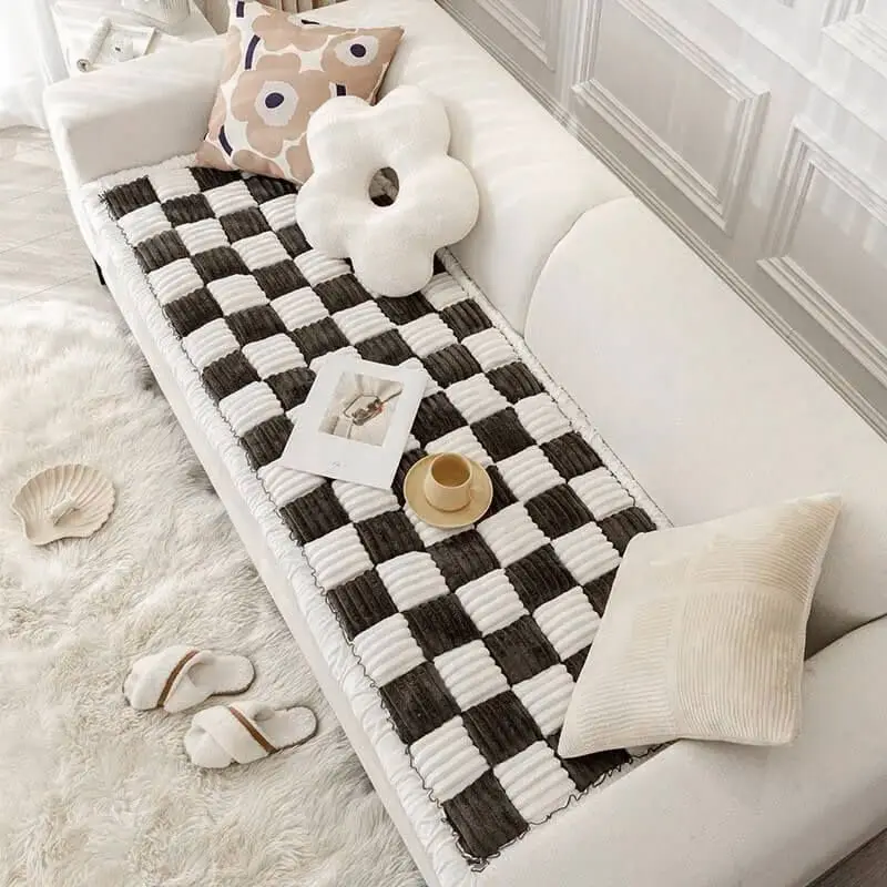 Creamcoloured Large Plaid Square Pet Carpet Bed Sofa Cover Plush