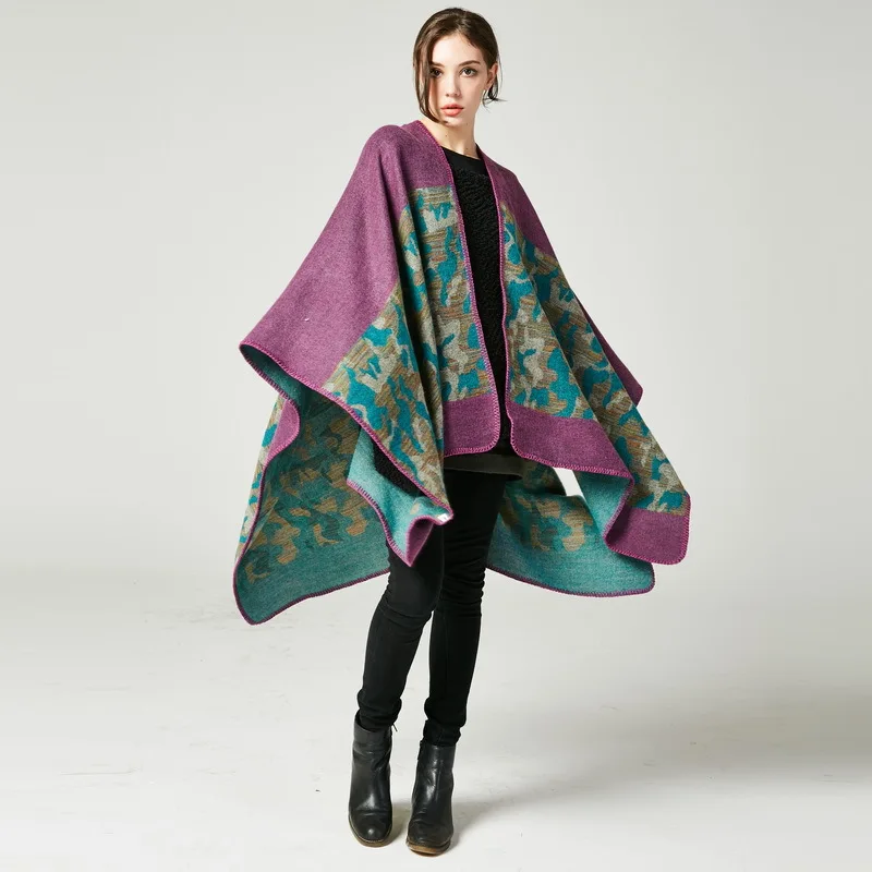 

European American Women's Fashion Camouflage Imitation Cashmere Split Fork Lengthened Thickened Cape Ponchos Lady Coat