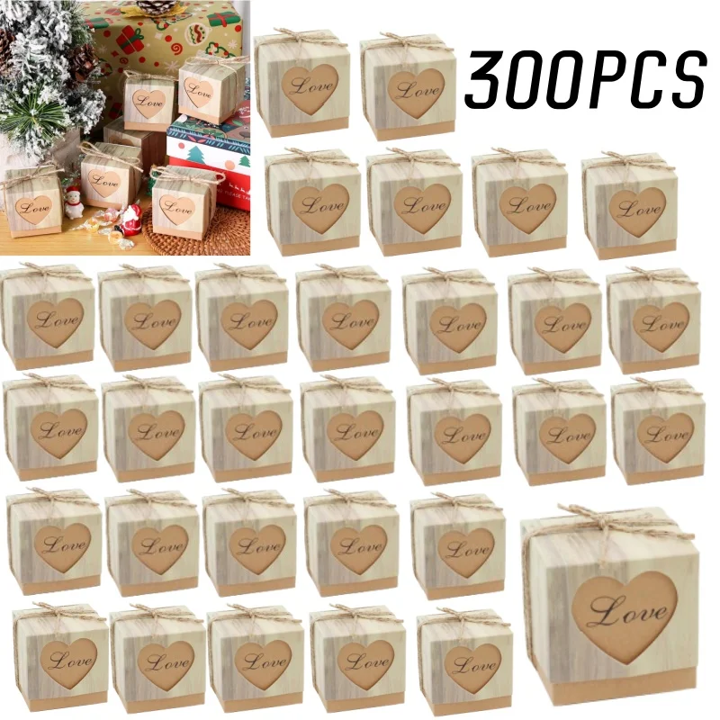 Vintage Personalised DIY Candy Box Kraft Love Candy Box Wood Grain Heart-shaped Hollow Wedding Companion Gift 50PC
