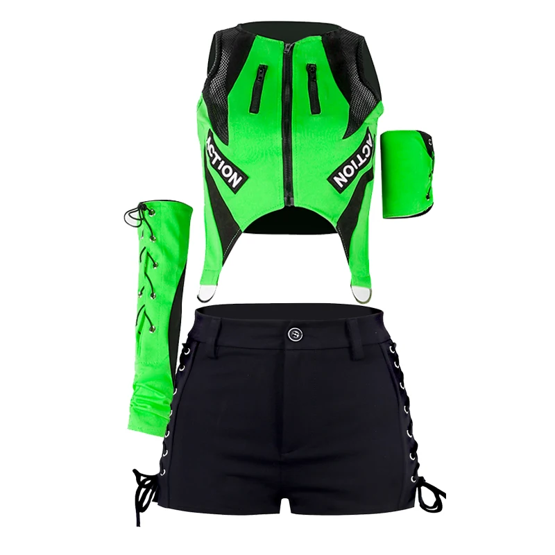 New Fluorescent Green Tops Black Shorts Kpop Outfits For Girls Group Jazz Dance Costumes Pole Dance Rave Clothes DQS12772 women dance costume stage performance costume