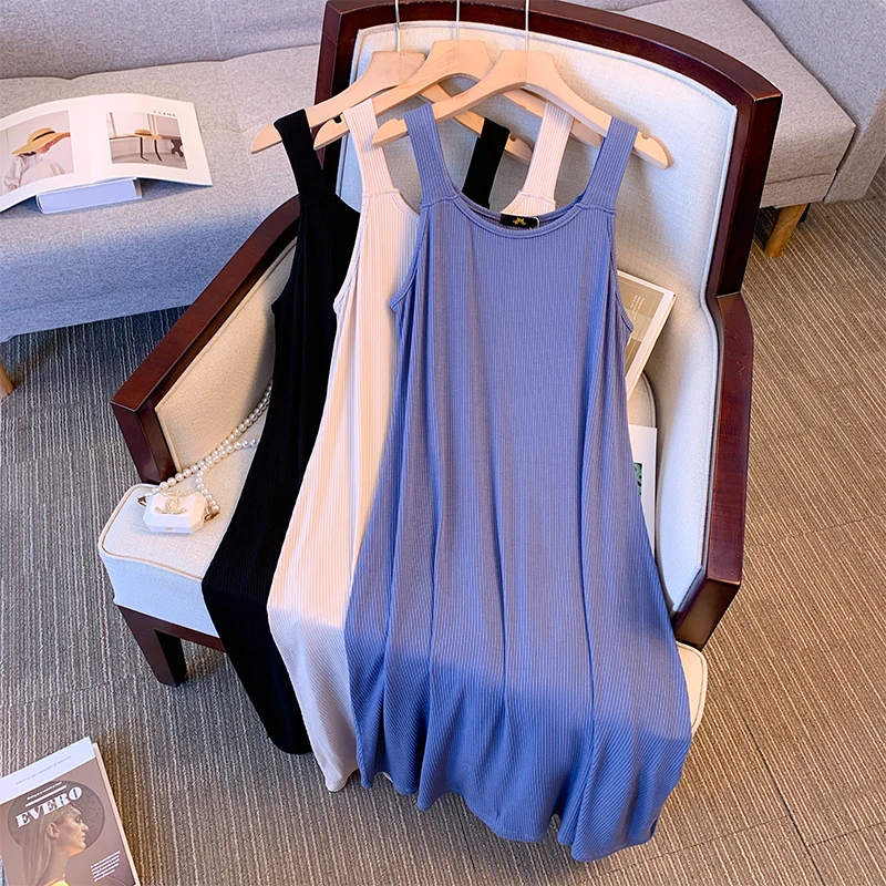 Женское летнее Повседневное платье большого размера без рукавов, стрейчевая длинная юбка-жилет в полоску, свободное удобное женское платье
