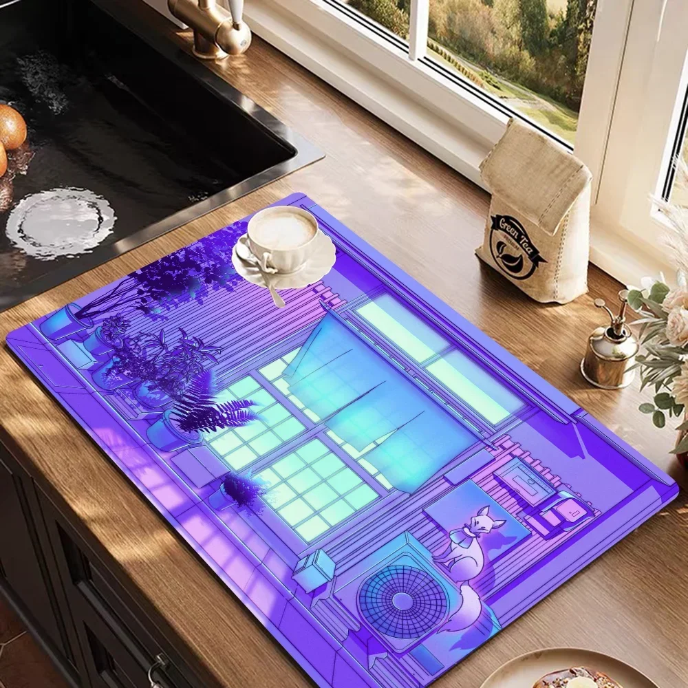 80s Vaporwave Style City Night Street Cat Non-slip Fast Water Absorption Anti-scalding Imitation Tile Printing Coffee Machine 2