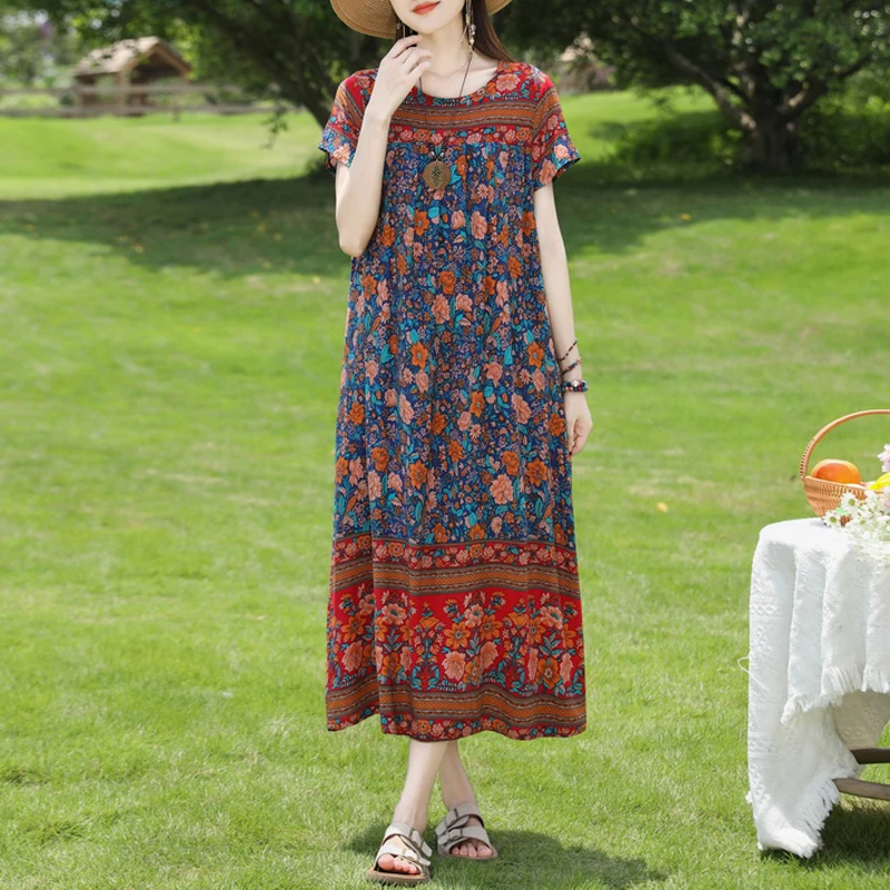 Vintage-Inspired Sleeveless Cotton Summer Dress - Women's Casual Loose Fit Beachwear