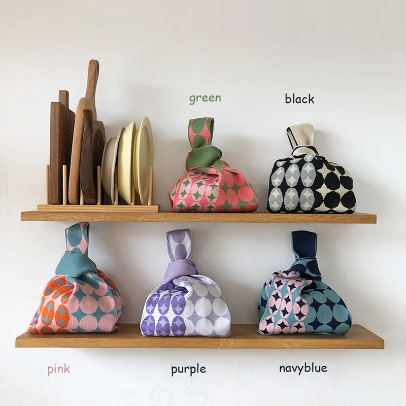 

New Japanese Knitted women's Bag Mini Portable Knot Wrist Bag Reusable Shopping Bags Versatile Carrying Casual Braided Tote Bag