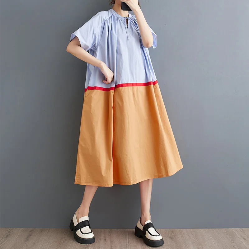 

Korea Style Patchwork Lace-Up Folds Short Sleeve Loose Summer Dress For Women Loose Casual Oversize Dress Office Lady Work Dress