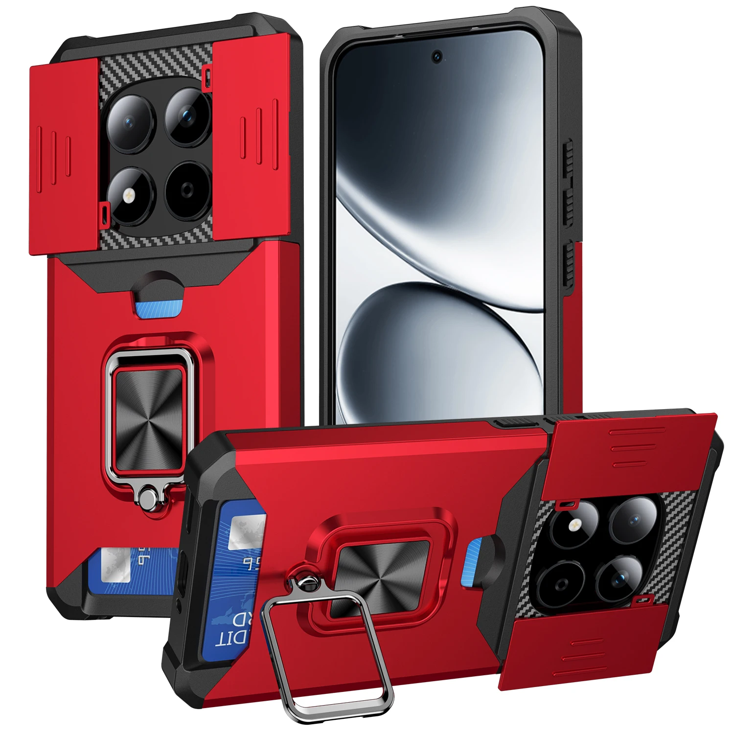 Card Slot Wallet Case with Slide Camera Protector, Magnetic Ring Holder, and Shockproof Armor Cover