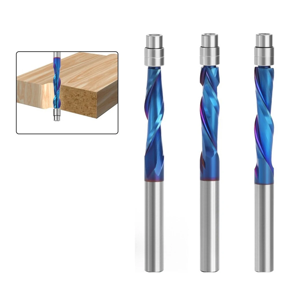 

1pc 6.35mm Shank Solid Carbide Router Bit Downcut Flush Trim Solid With Bearing 2 Flutes Woodworking Milling Cutters End Mill